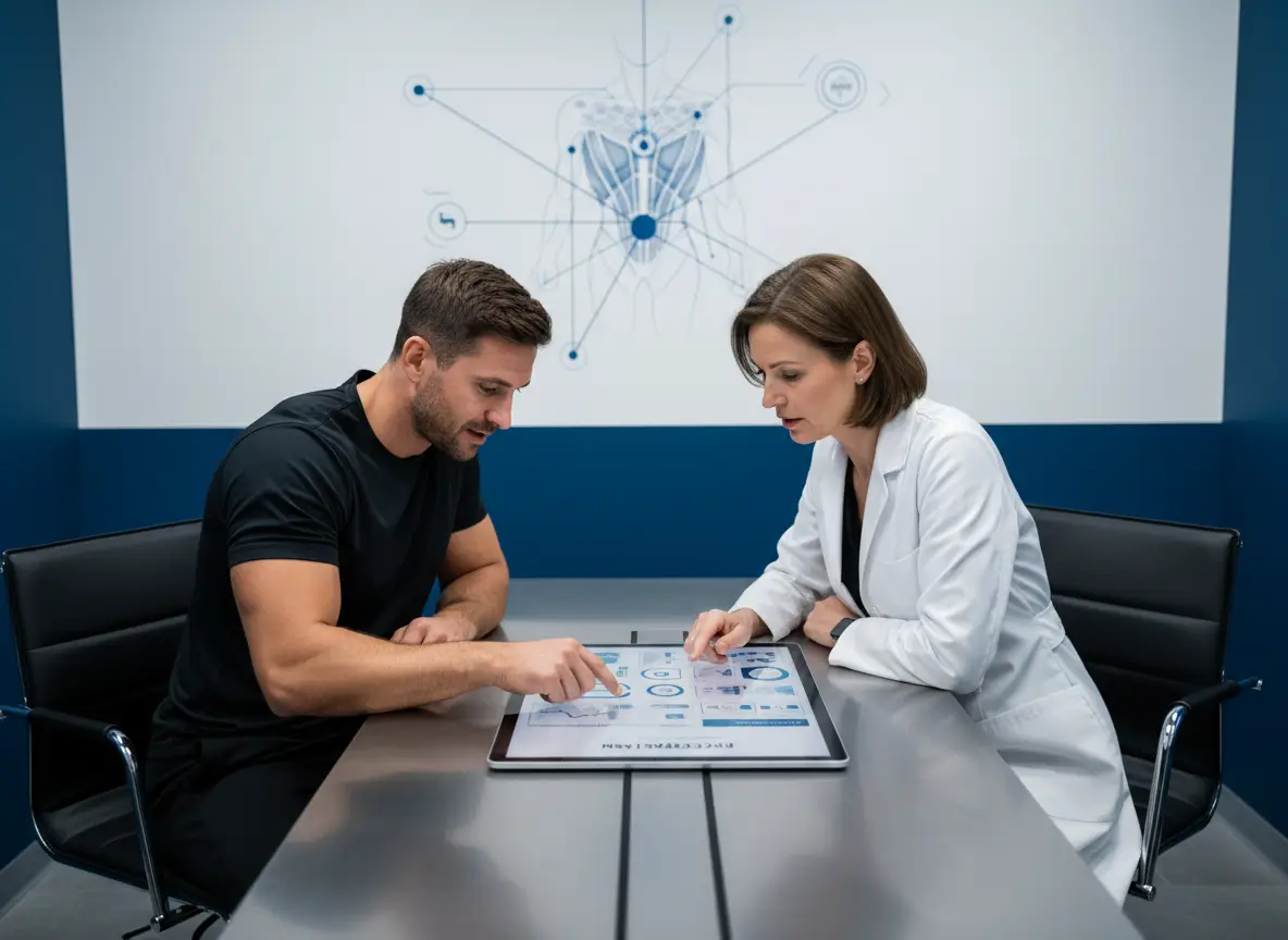 Athlete consulting with clinician about hyperbaric oxygen therapy for slow healing sports injury