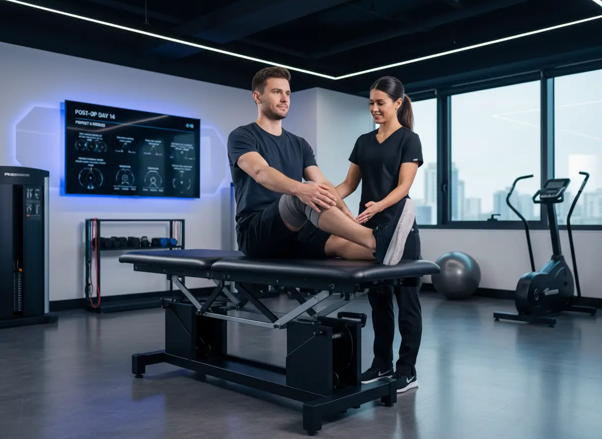 Athlete rebuilding strength after orthopedic surgery with coordinated medical recovery plan